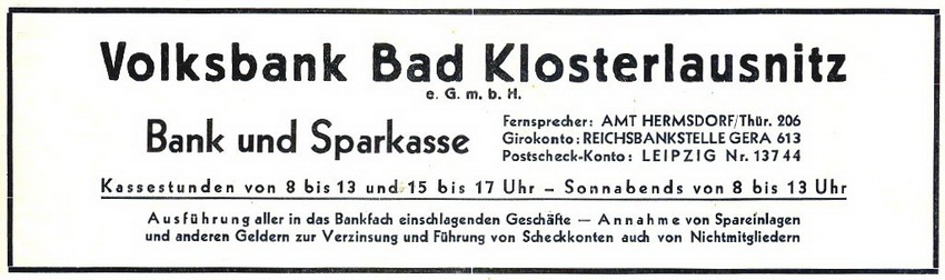 Anzeige der Volksbank von 1939